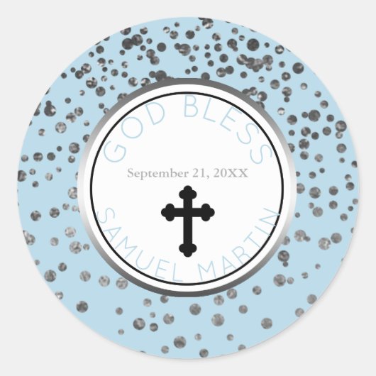Jongen Baby Blauw Zilver Gepersonaliseerde Religie Ronde Sticker (Voorkant)