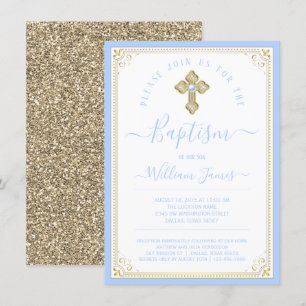 Jongen Baby Blauwe Licht Gouden Elegante Doop Kaart