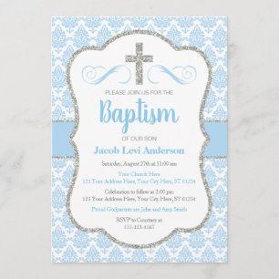 Jongen Baby Blue en Silver Damask Baptism Kaart