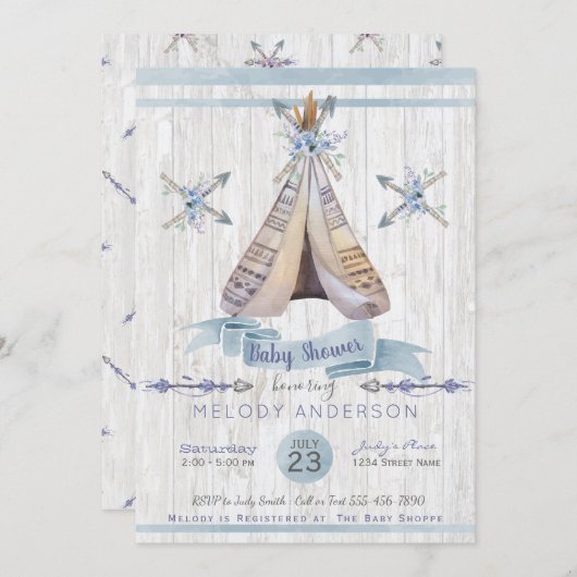 Jongen Baby Blue Shower Boho Chic Teepe & Arrows Kaart (Voorkant / Achterkant)