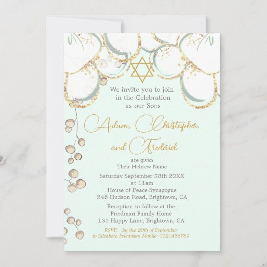 Jongen Baby Hebreeuwse Twin Triplet Naming Ceremon Kaart (Voorkant)