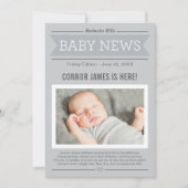 Jongen Baby Nieuws Modern Grijs Foto Geboorte Aankondiging (Voorkant)