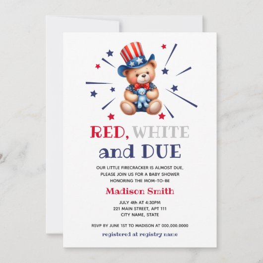 Jongen Baby shower 4 juli Beer rood wit en toe Kaart (Voorkant)