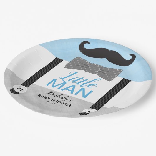 Jongen baby shower blauw grijs man papieren bordje (Gekanteld)