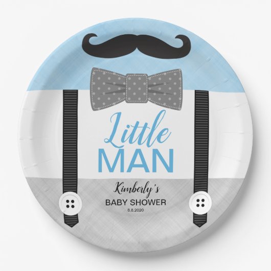 Jongen baby shower blauw grijs man papieren bordje (Voorkant)