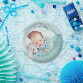 Jongen baby shower blauwe deken speelgoed hond papieren bordje