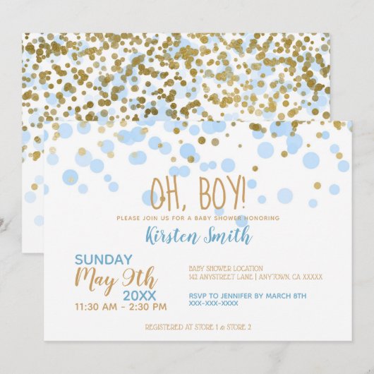 Jongen! Baby shower Blauwe en gouden Confetti Kaart (Voorkant / Achterkant)