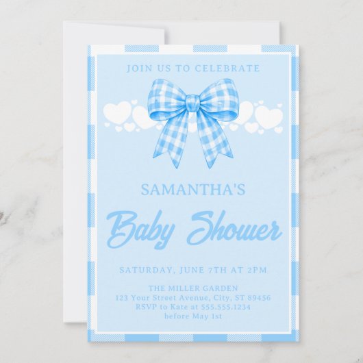 Jongen Baby Shower Blauwe Gingham Strik Kaart (Voorkant)