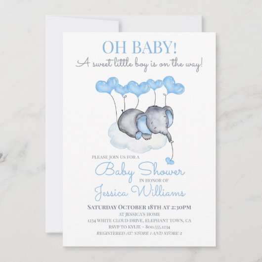 Jongen Baby shower Blauwe Olifant op Cloud Kaart (Voorkant)