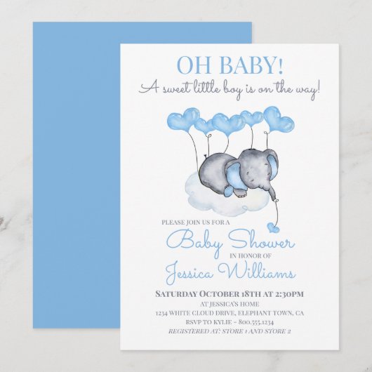 Jongen Baby shower Blauwe Olifant op Cloud Kaart (Voorkant / Achterkant)