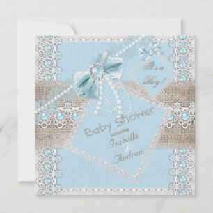 Jongen Baby Shower Blauwe Parel Strik Kant Vintage Kaart