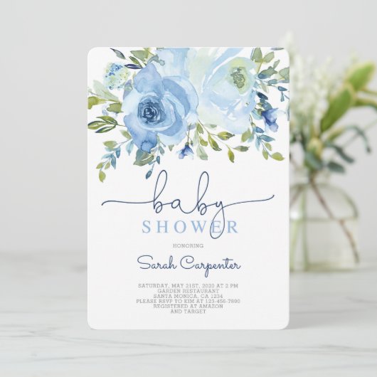 Jongen baby shower, blauwe waterverf florale jonge kaart (Staand voorkant)