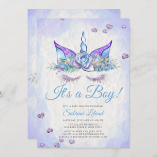 Jongen Baby shower Blue Fantasy Slaping Unicorn Kaart