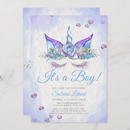 Jongen Baby shower Blue Fantasy Slaping Unicorn Kaart (Voorkant / Achterkant)