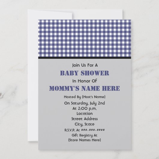 Jongen Baby shower: Blue Gingham Panda Kaart (Achterkant)