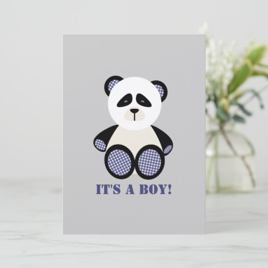 Jongen Baby shower: Blue Gingham Panda Kaart (Staand voorkant)