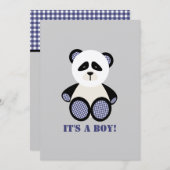 Jongen Baby shower: Blue Gingham Panda Kaart (Voorkant / Achterkant)