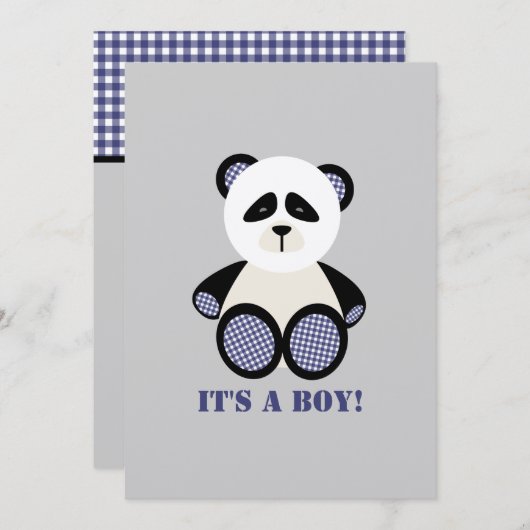 Jongen Baby shower: Blue Gingham Panda Kaart (Voorkant / Achterkant)