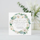 Jongen Baby shower Blue in White Roses Leaf Wreate Kaart (Staand voorkant)