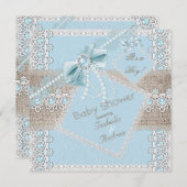 Jongen Baby shower Blue Pearl Bow Lace  2 Kaart (Voorkant / Achterkant)