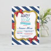 Jongen Baby shower Blue Red Ahoy Sailor Stripe Inv Kaart (Staand voorkant)