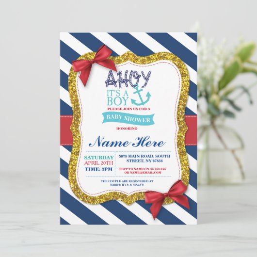 Jongen Baby shower Blue Red Ahoy Sailor Stripe Inv Kaart (Staand voorkant)