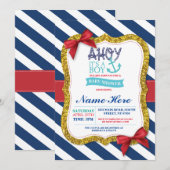Jongen Baby shower Blue Red Ahoy Sailor Stripe Inv Kaart (Voorkant / Achterkant)