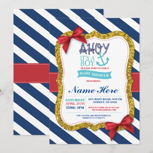 Jongen Baby shower Blue Red Ahoy Sailor Stripe Inv Kaart (Voorkant / Achterkant)
