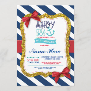 Jongen Baby shower Blue Red Ahoy Sailor Stripe Inv Kaart
