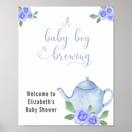Jongen Baby shower Blue Teapot and Flowers Welcome Poster (Voorkant)
