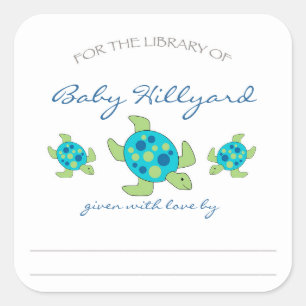 Jongen Baby shower boekenplaten / zeeen schildpadd Vierkante Sticker