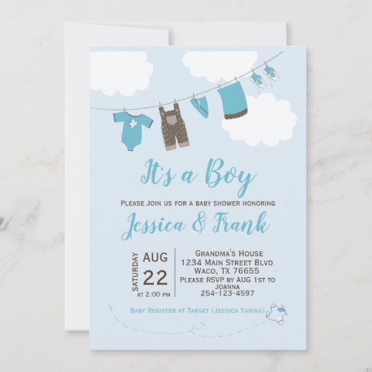 Jongen Baby shower Clothes Line Invitation Kaart (Voorkant)