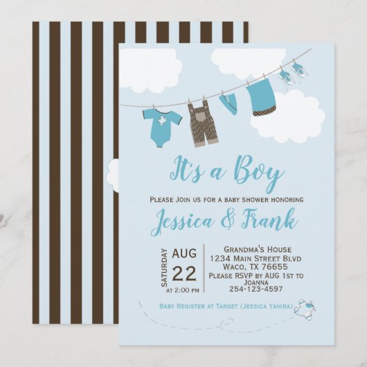 Jongen Baby shower Clothes Line Invitation Kaart (Voorkant / Achterkant)
