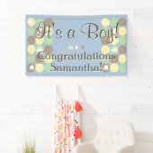 Jongen Baby shower Custom Gedrukt Blauw Bruin Stip Spandoek (Insitu)