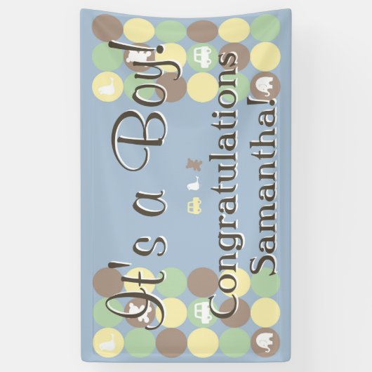 Jongen Baby shower Custom Gedrukt Blauw Bruin Stip Spandoek (Verticaal)