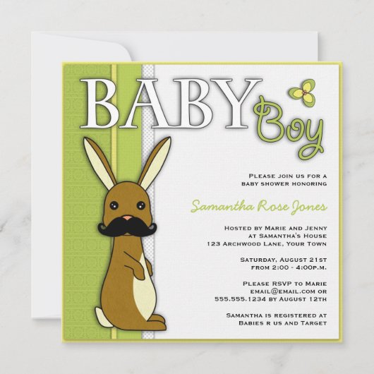 Jongen Baby shower Cute Bunny met Mustache - Green Kaart (Voorkant)