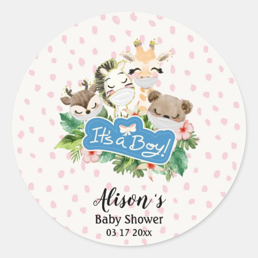 Jongen Baby shower | Dierenvrienden van Cute Gold  Ronde Sticker (Voorkant)