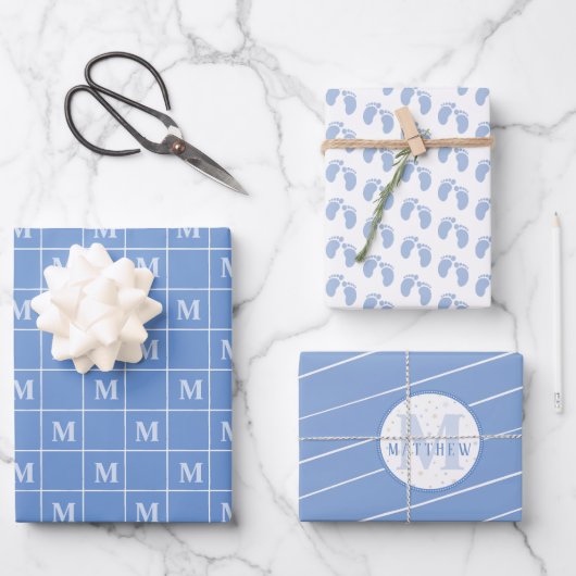 Jongen Baby shower Gepersonaliseerd monogram voeta Inpakpapier Vel (Voorkant)