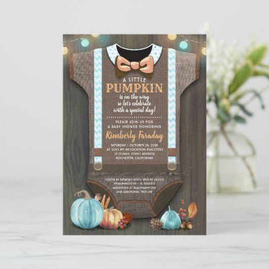 Jongen Baby shower Herfst Pumpkin Rustic Burlap Wo Kaart (Staand voorkant)