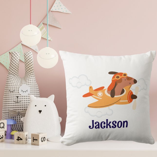 Jongen  Baby Shower Hond Piloot Vliegtuig Wolk Gra Kussen (Creator heeft geüpload)