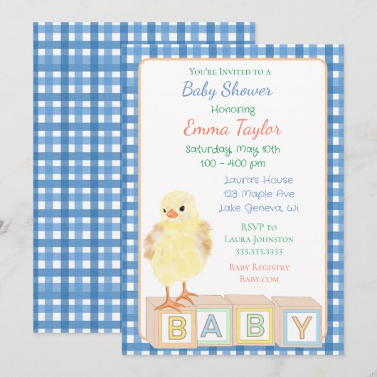 Jongen Baby shower met Baby Chick en Blokken Kaart (Voorkant / Achterkant)
