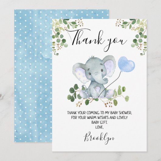 Jongen Baby shower met olifant Hartelijk dank Kaart (Voorkant / Achterkant)