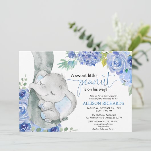 Jongen baby shower, olifantenblauw waterverf kaart (Staand voorkant)