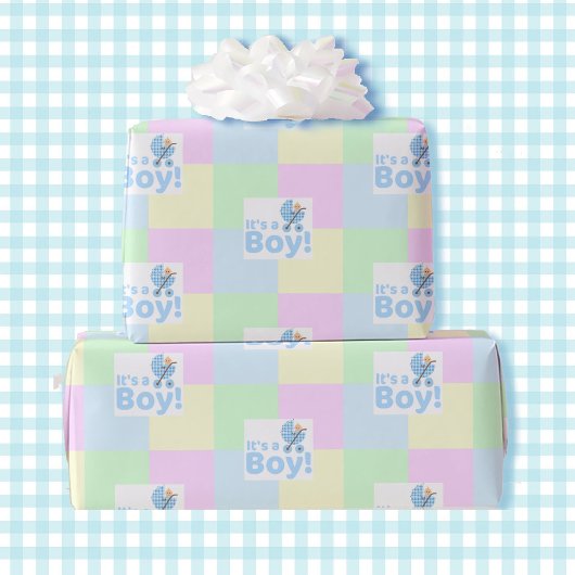 Jongen Baby shower Pastel Roze Blauw Geel Groen Cadeaupapier