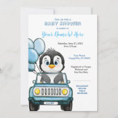 Jongen Baby shower Penguin in Car Invitation Kaart (Voorkant)