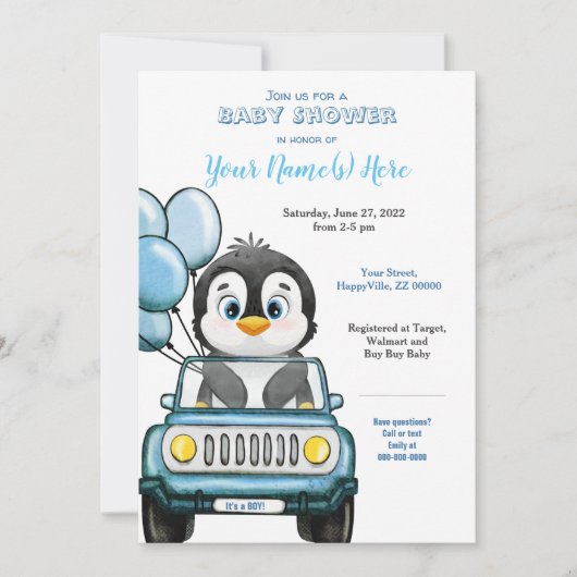 Jongen Baby shower Penguin in Car Invitation Kaart (Voorkant)