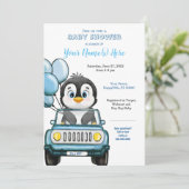 Jongen Baby shower Penguin in Car Invitation Kaart (Staand voorkant)