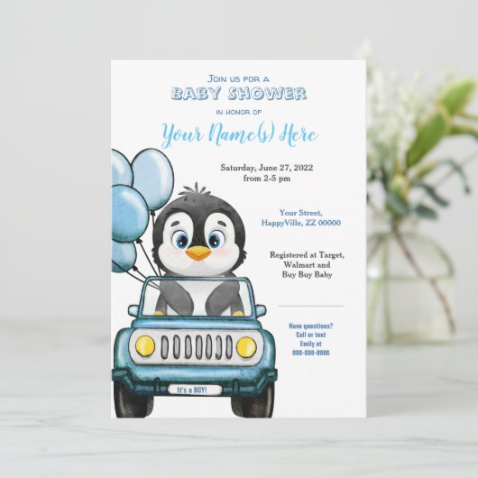 Jongen Baby shower Penguin in Car Invitation Kaart (Staand voorkant)