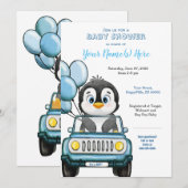 Jongen Baby shower Penguin in Car Invitation Kaart (Voorkant / Achterkant)