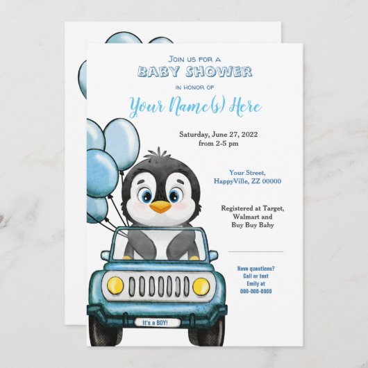 Jongen Baby shower Penguin in Car Invitation Kaart (Voorkant / Achterkant)